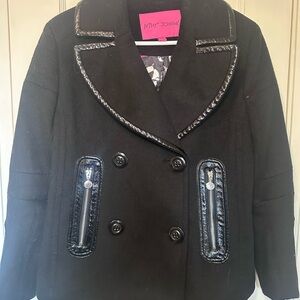 Betsey Johnson Black Double-Breasted Wool Blend Coat, Faux Patent Leather Trim